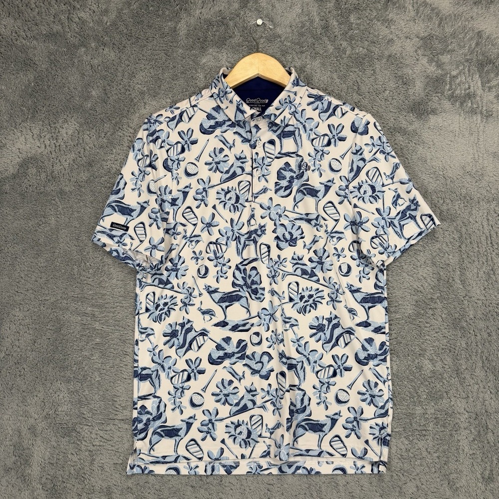 Good Good Polo Shirt Mens S White Blue Floral Performance Stretch Golf READ